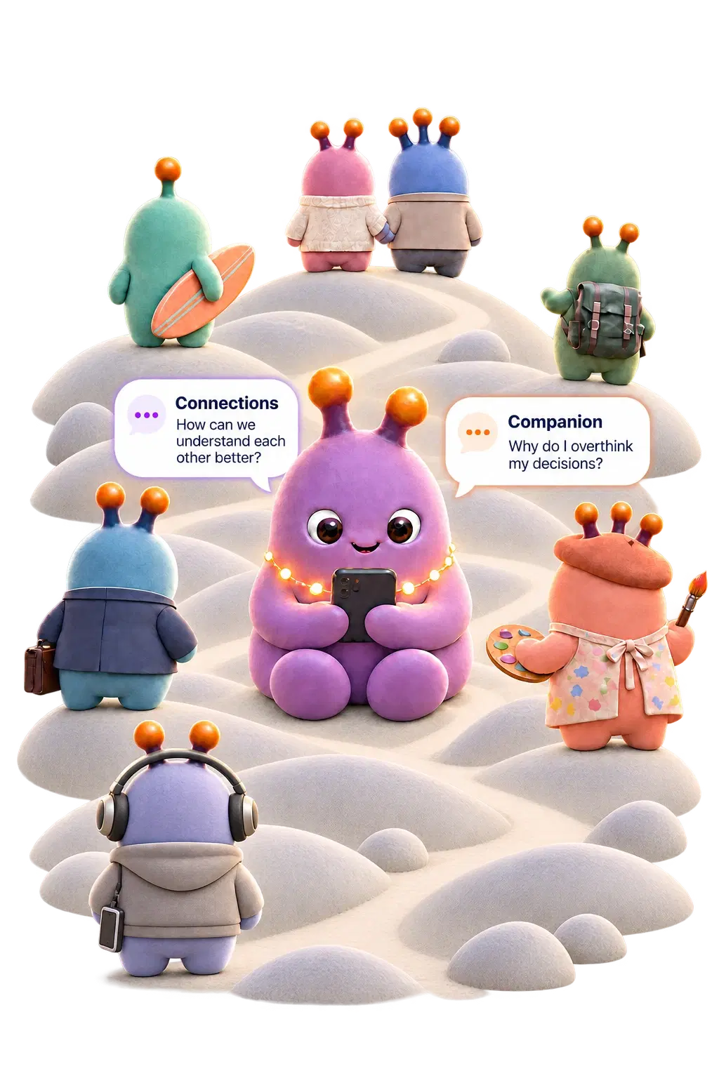 The TraitTune Companion sitting with a phone among other creatures, each different — a surfer, a couple, a hiker, one in a suit, a painter, one in headphones. Two chat bubbles: Connections — “How can we understand each other better?” and Companion — “Why do I overthink my decisions?”