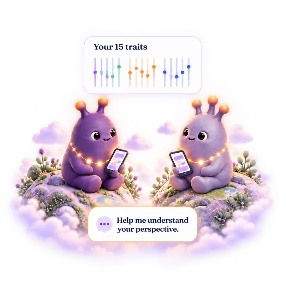 Two TraitTune Companions sitting on hills, each holding a phone. A card above them reads “Your 15 traits”; a chat bubble below reads “Help me understand your perspective.”