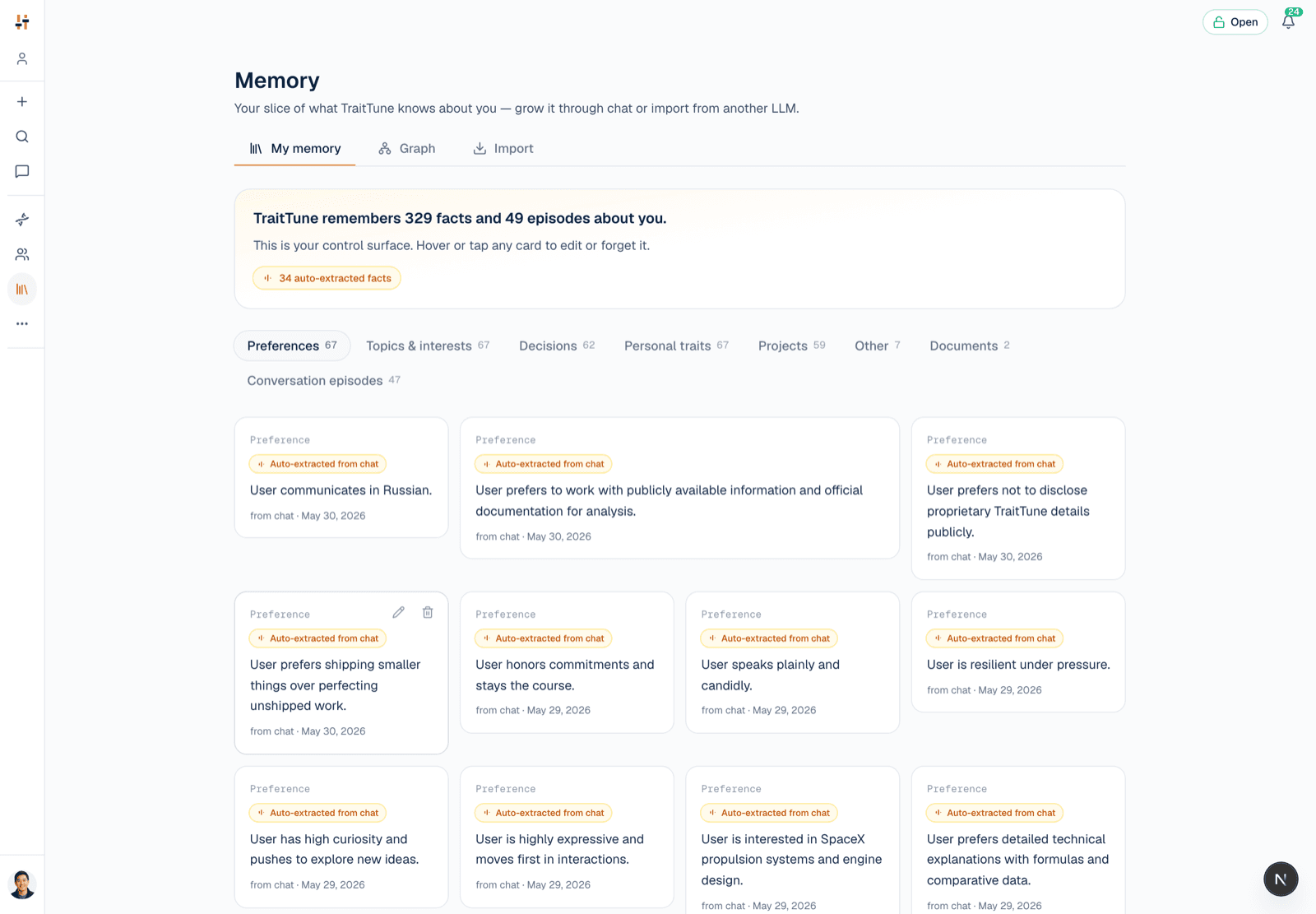 Memory — the AI that doesn't forget you | TraitTune
