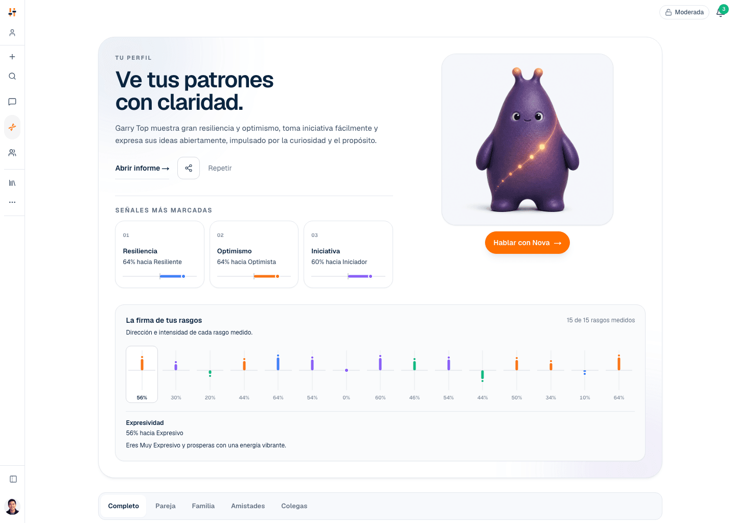 Perfil de TraitTune con los 15 rasgos medidos