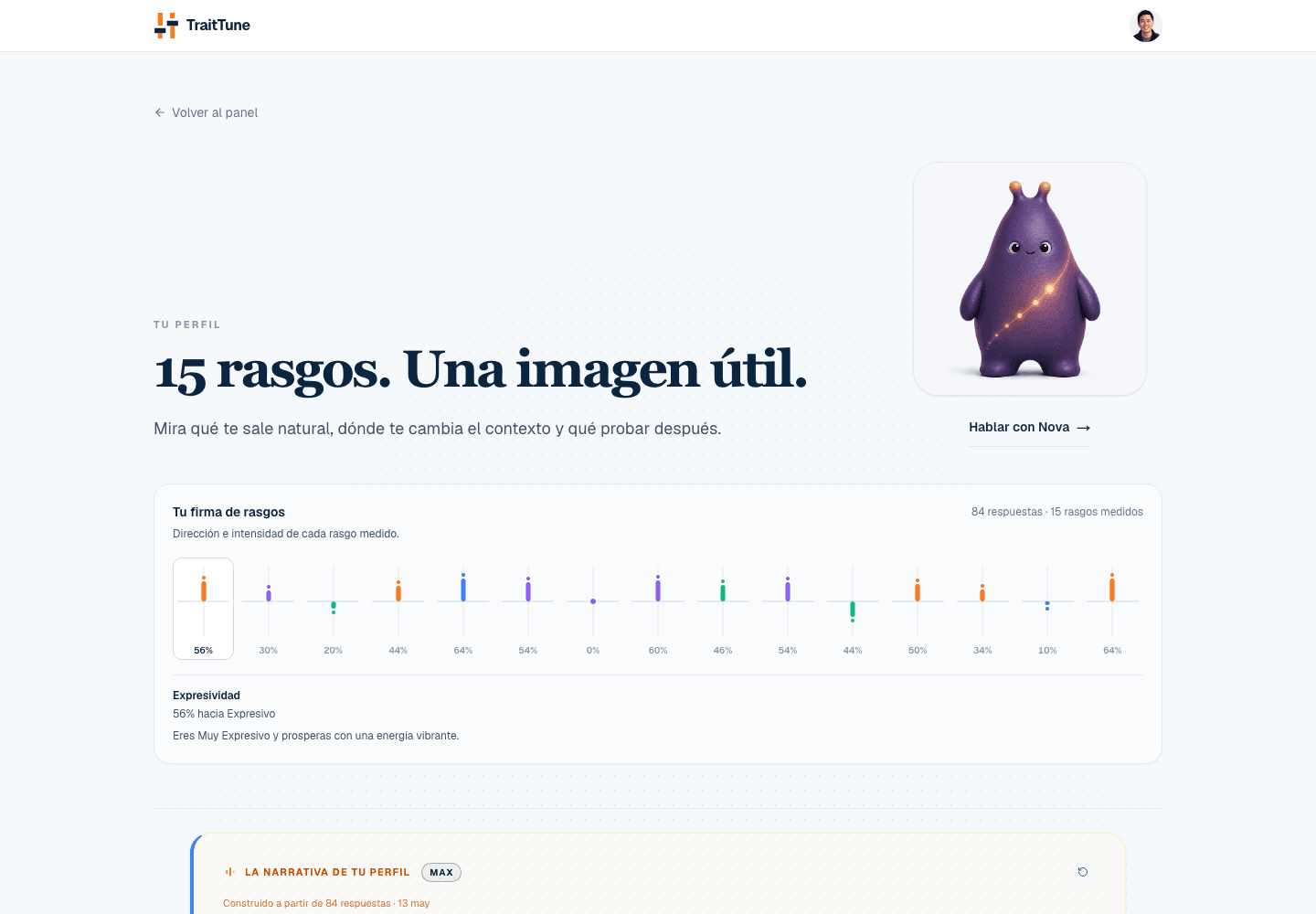 Perfil de TraitTune con 15 rasgos sin tipos ni etiquetas