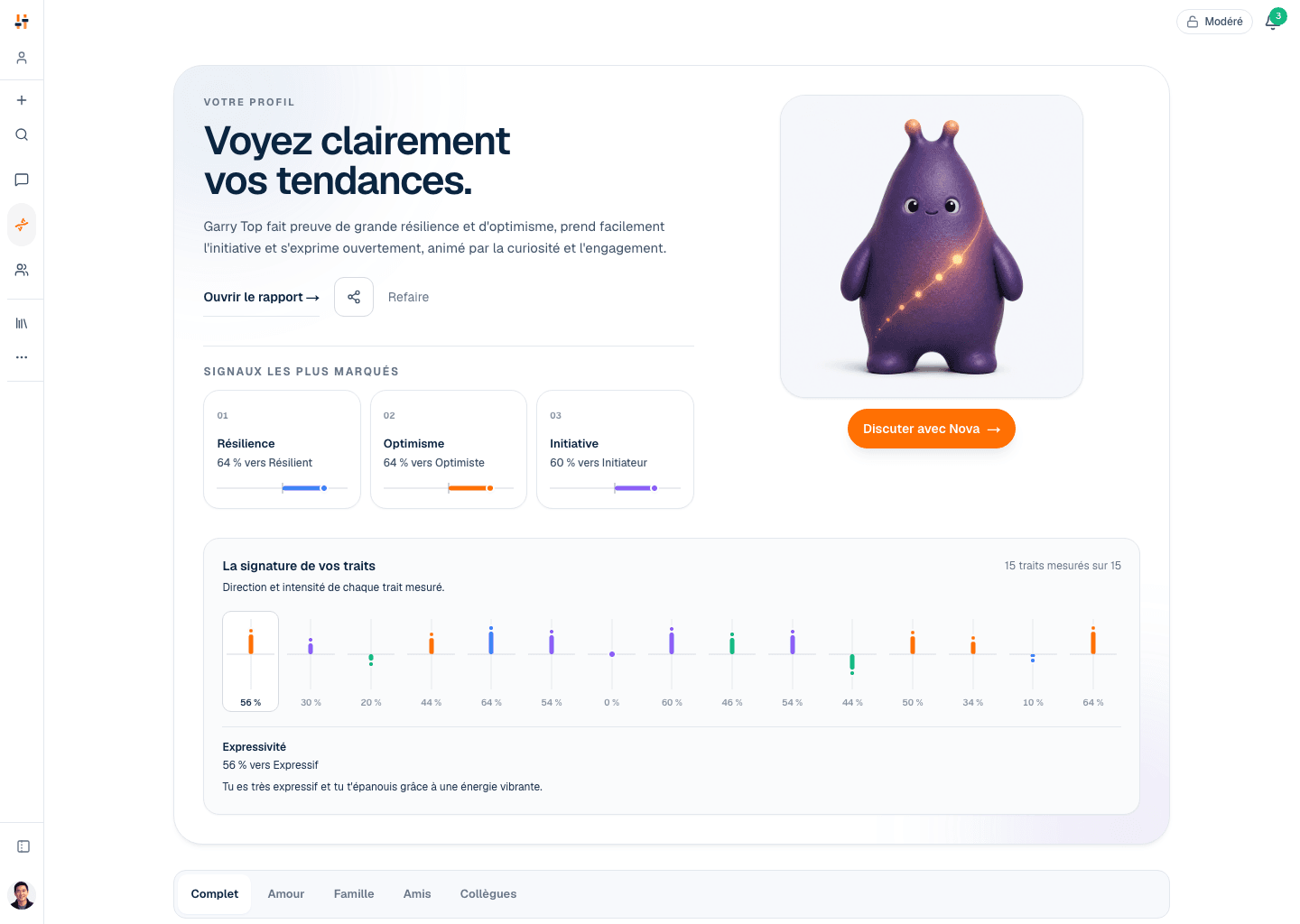 Profil TraitTune montrant les 15 traits mesurés