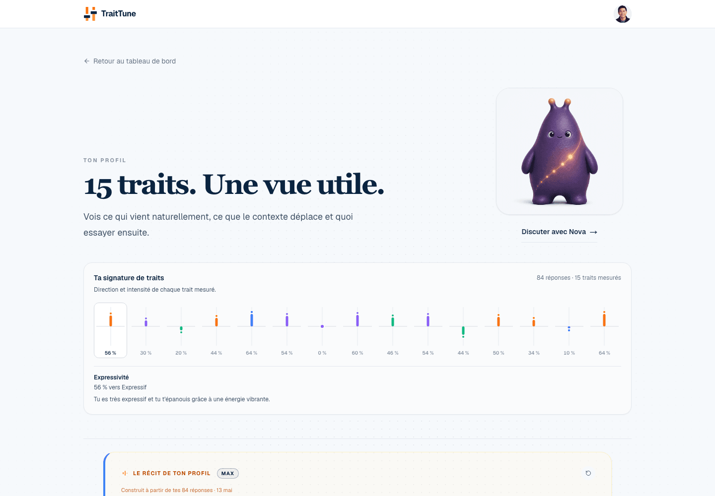 Profil TraitTune montrant 15 traits sans type ni étiquette