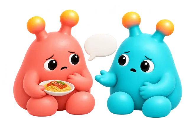 Coral avatar holds a dinner plate while a passing remark from a teal avatar lands heavily.