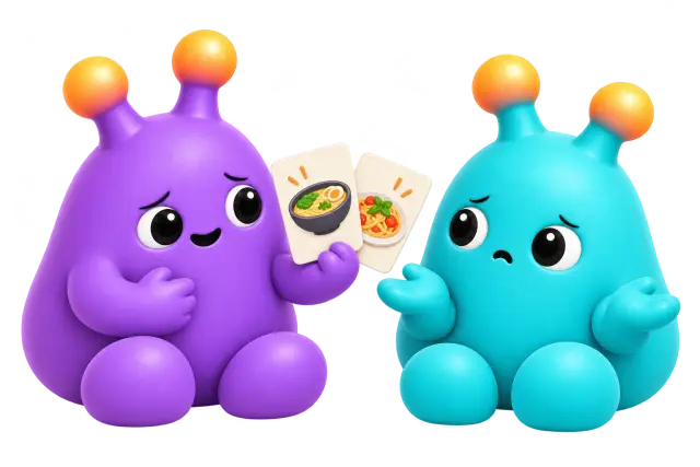One avatar offers two restaurant options while their partner hesitates.