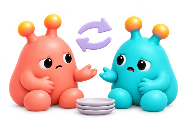 Two avatars face each other beside a stack of dishes and a pair of repeating arrows.