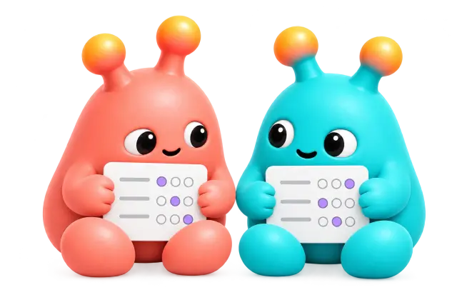 Two avatars each hold their own questionnaire and look toward one another.