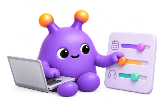 A purple avatar explores working conditions using a laptop and three adjustable sliders.