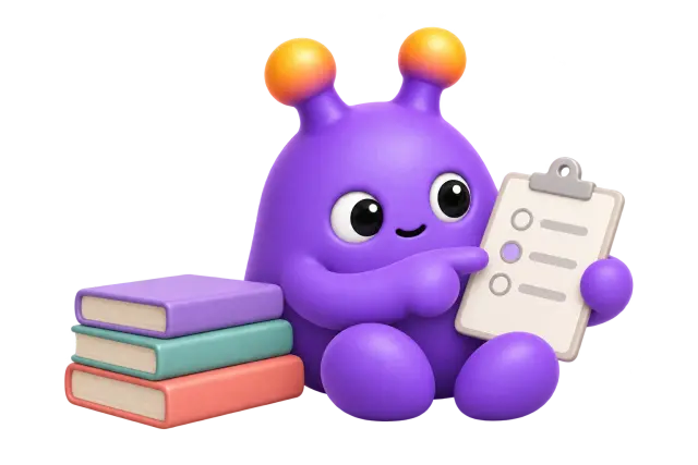 A purple avatar considers a questionnaire beside a stack of study books.
