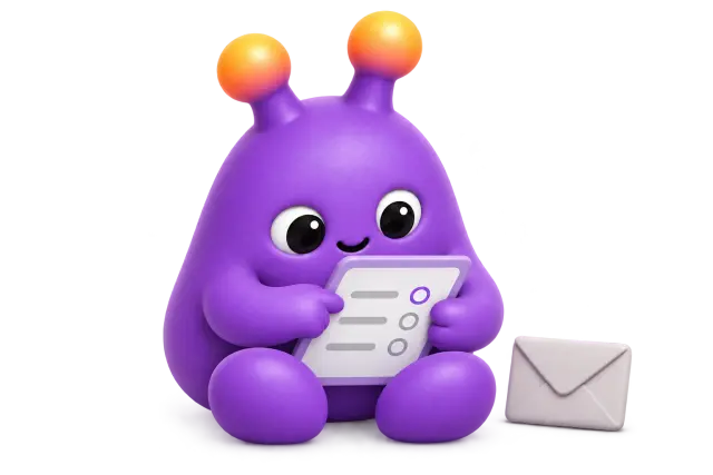 A purple avatar begins a questionnaire on a tablet with an unopened envelope set aside.