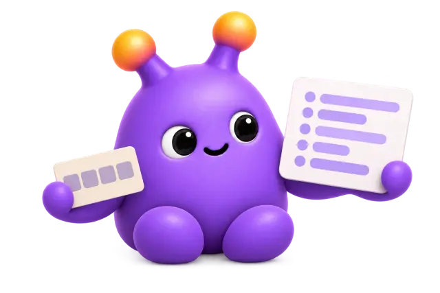 A purple avatar holds a compact four-tile badge and a larger profile card.