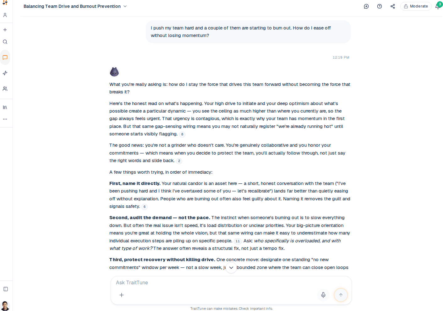 The TraitTune chat, answering with advice shaped by the reader’s own profile.