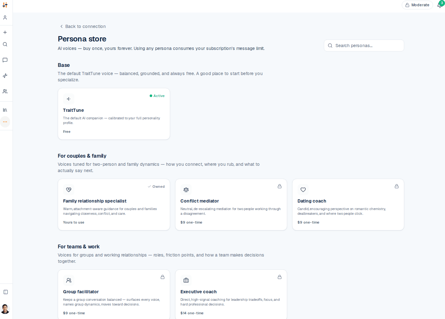 The TraitTune voice picker, showing the conversational voices a companion can take.