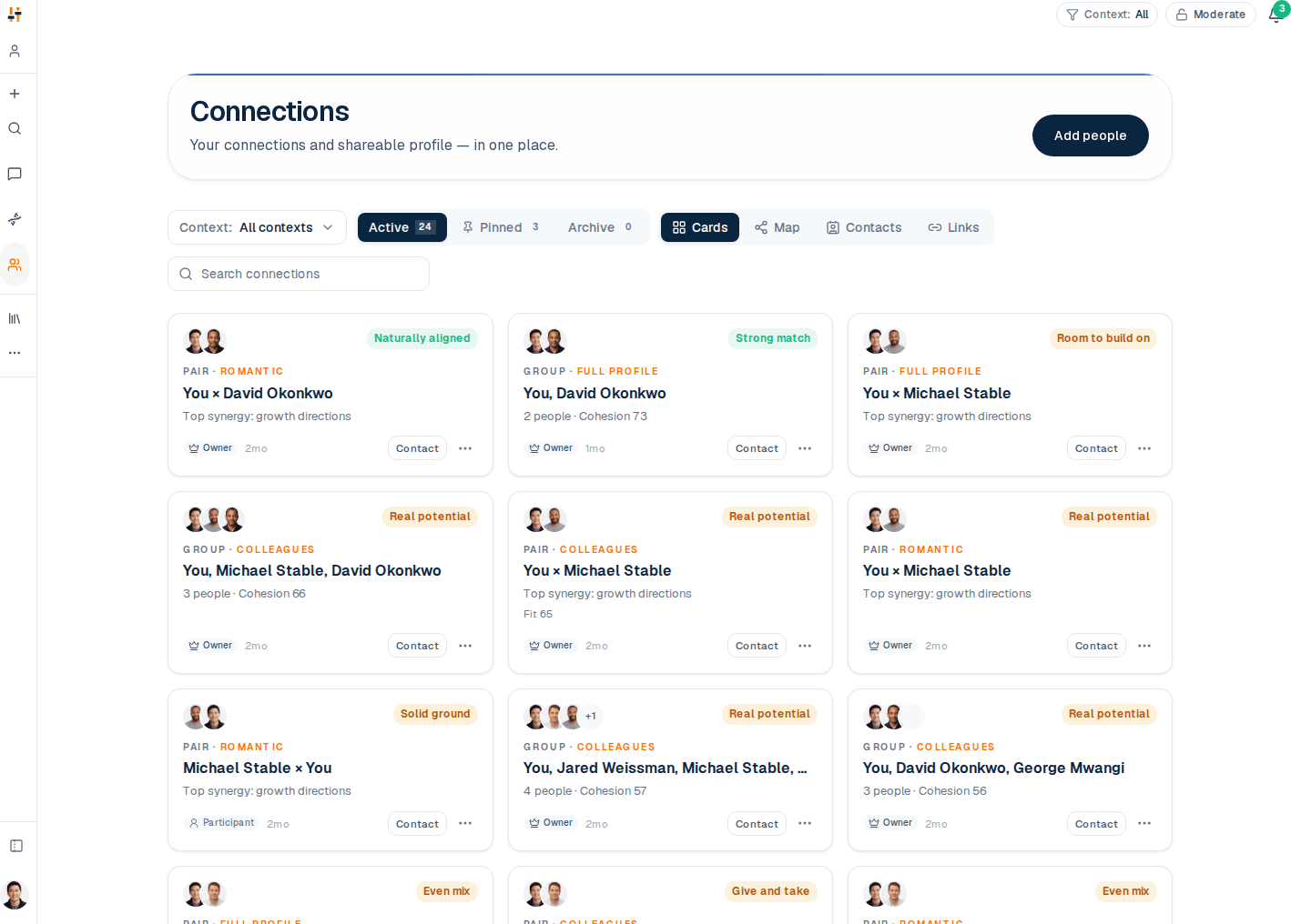 The TraitTune connections roster, with several people compared against one profile.