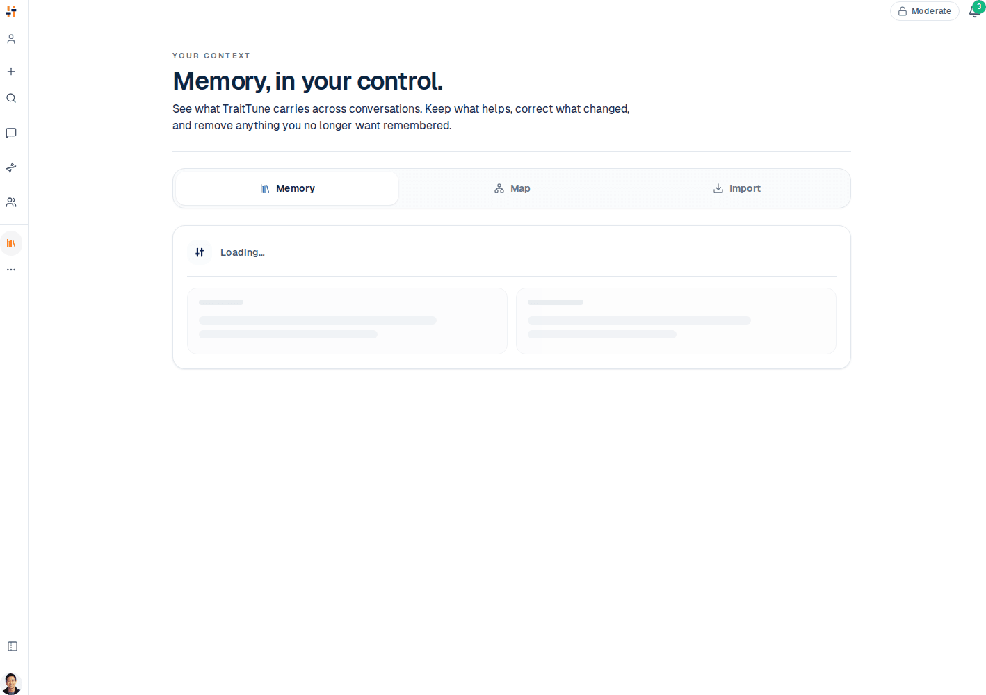 The TraitTune memory view, listing the remembered facts a profile carries between chats.