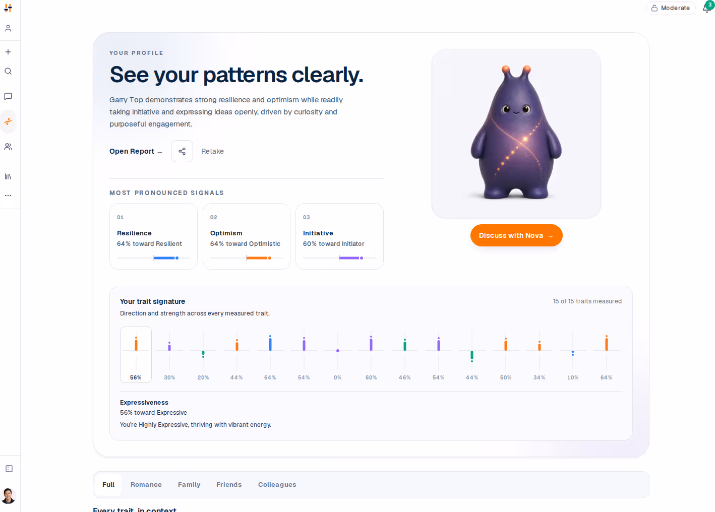 A TraitTune profile page showing the fifteen trait dimensions as position bars along a continuum.