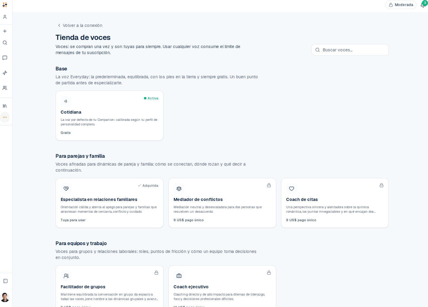 El selector de voces de TraitTune, mostrando las voces conversacionales que puede adoptar un Companion.