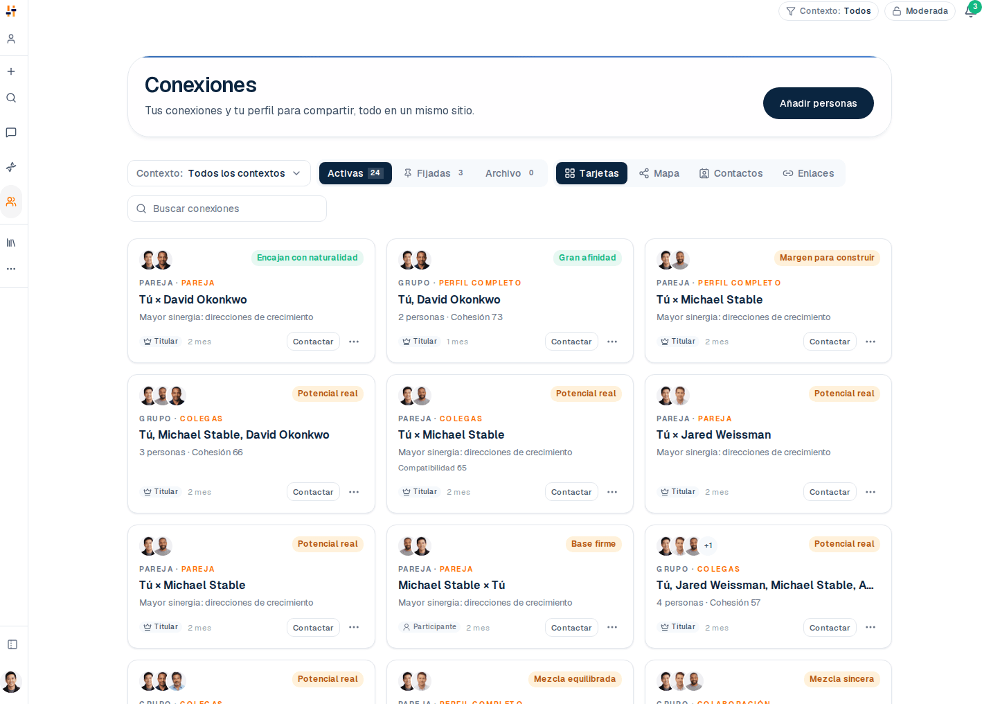La lista de conexiones de TraitTune, con varias personas comparadas frente a un perfil.