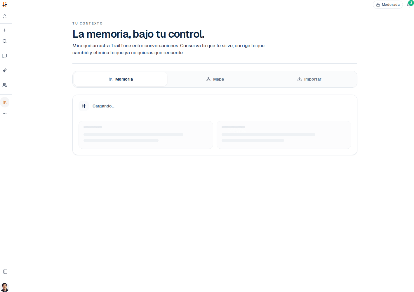 La vista de memoria de TraitTune, listando los datos recordados que un perfil lleva entre chats.