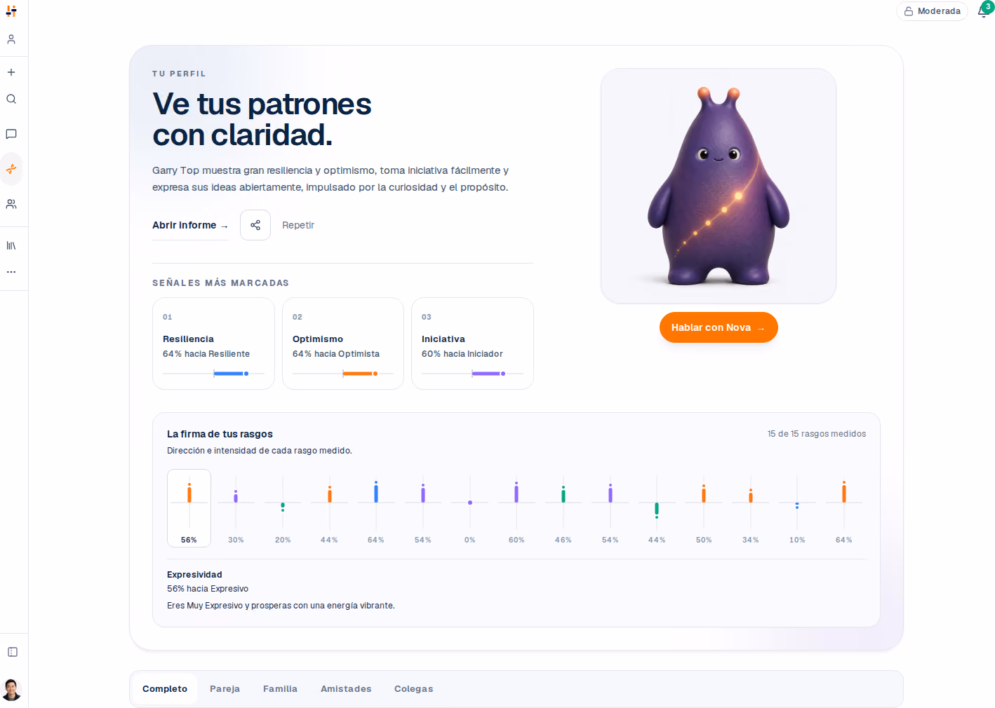 Página de perfil de TraitTune que muestra las quince dimensiones de rasgos como barras de posición en un continuo.