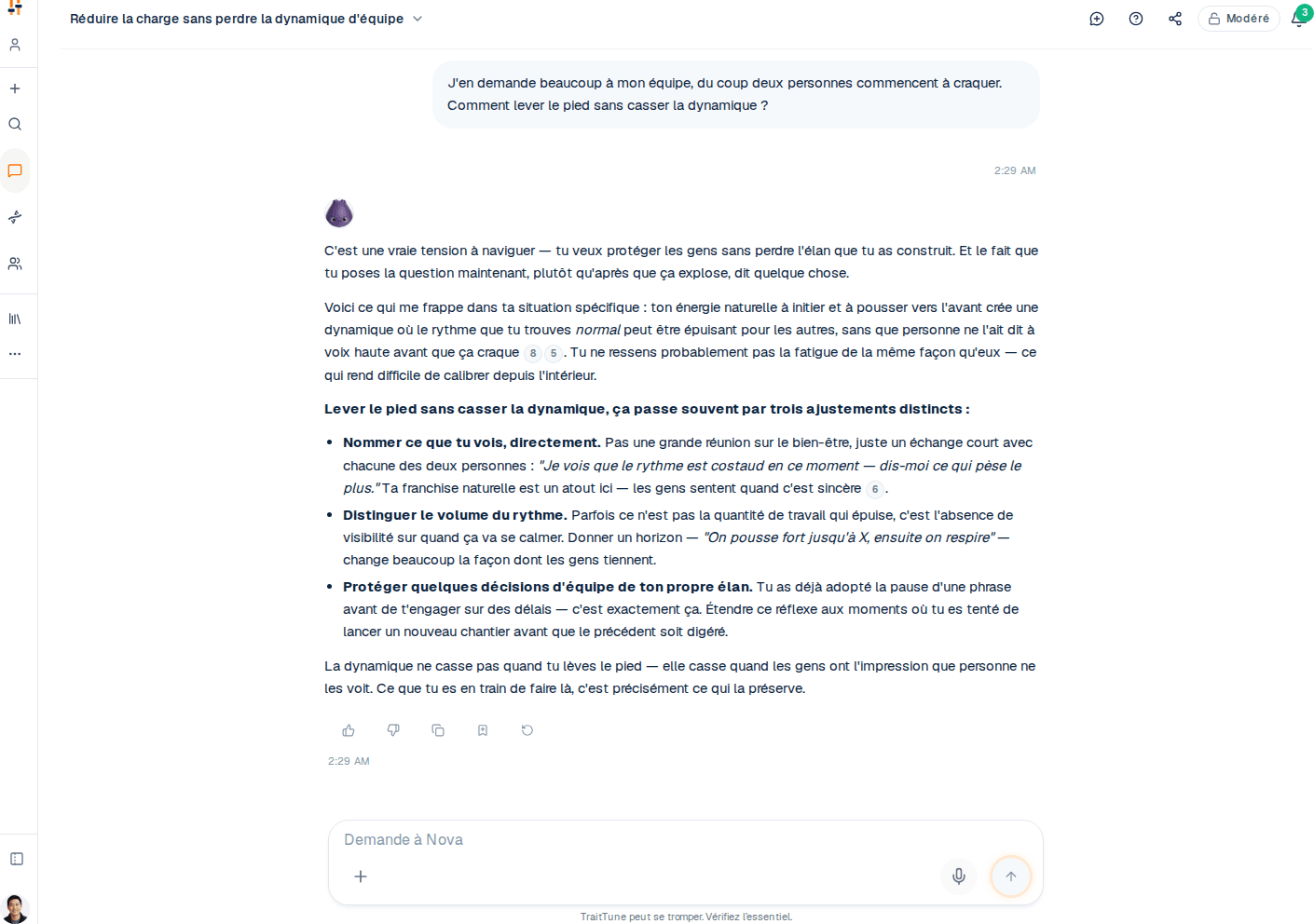 Le chat TraitTune, répondant avec des conseils façonnés par le profil du lecteur.