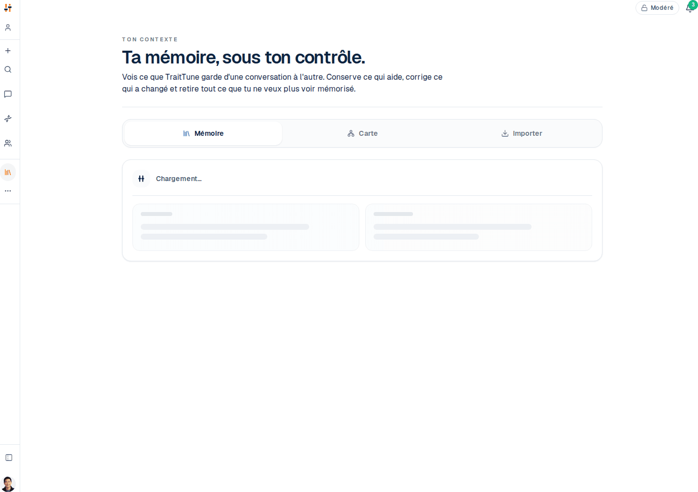 La vue mémoire de TraitTune, listant les faits retenus qu'un profil transporte d'un chat à l'autre.
