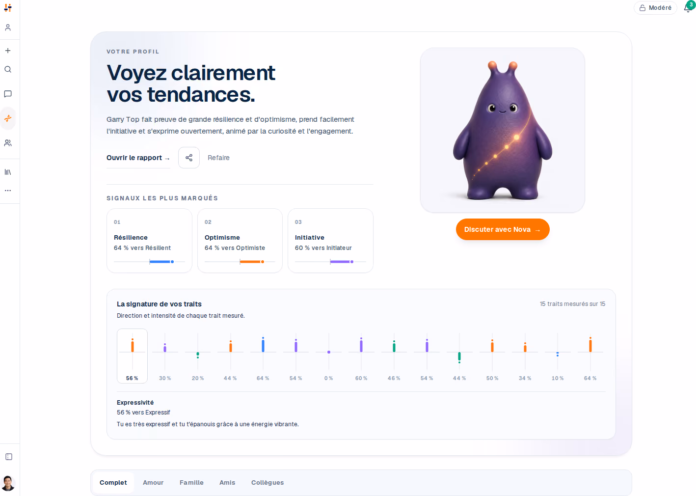 Une page de profil TraitTune montrant les quinze dimensions de traits sous forme de barres de position sur un continuum.