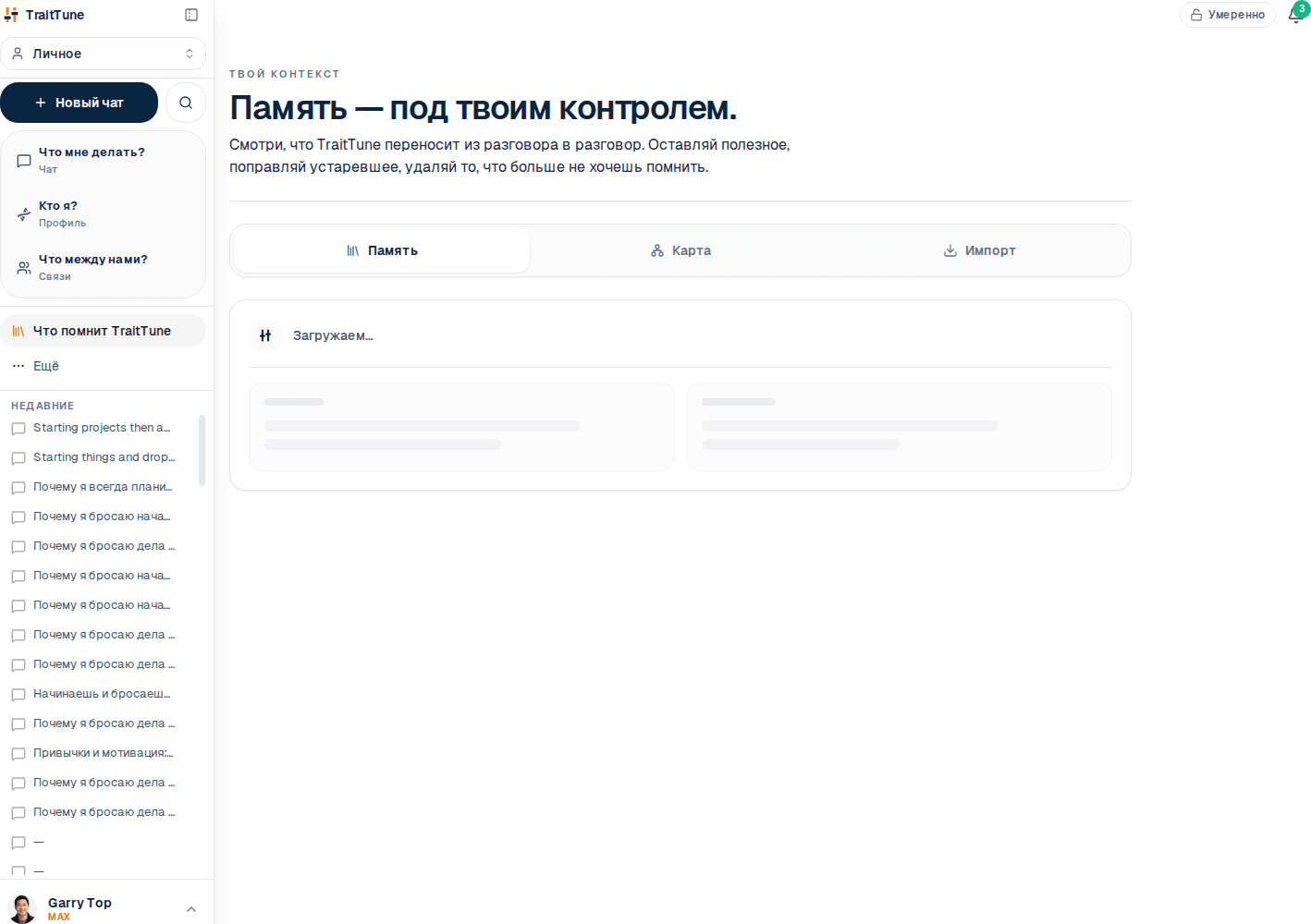 Экран памяти TraitTune со списком фактов, которые профиль переносит между чатами.
