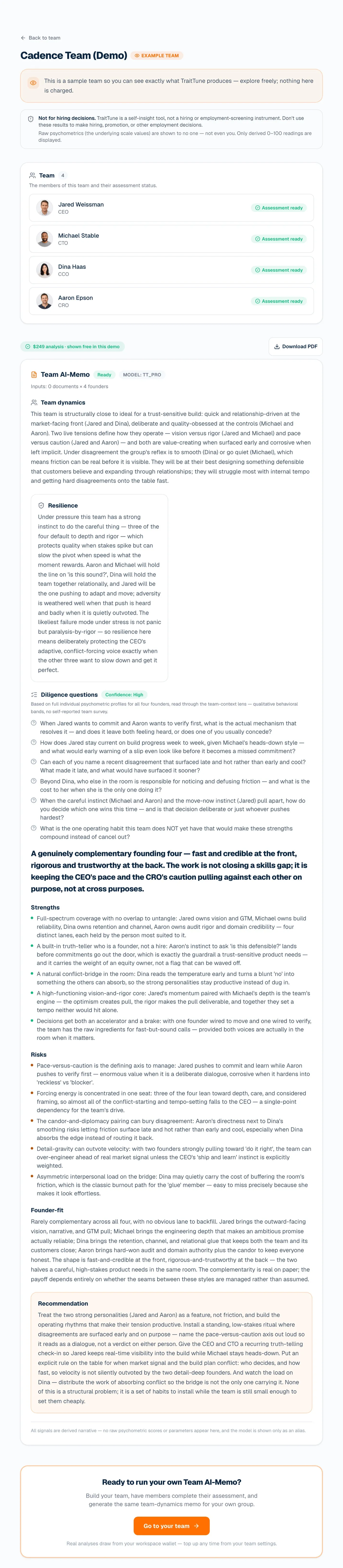 Screenshot of a TraitTune team evaluation report